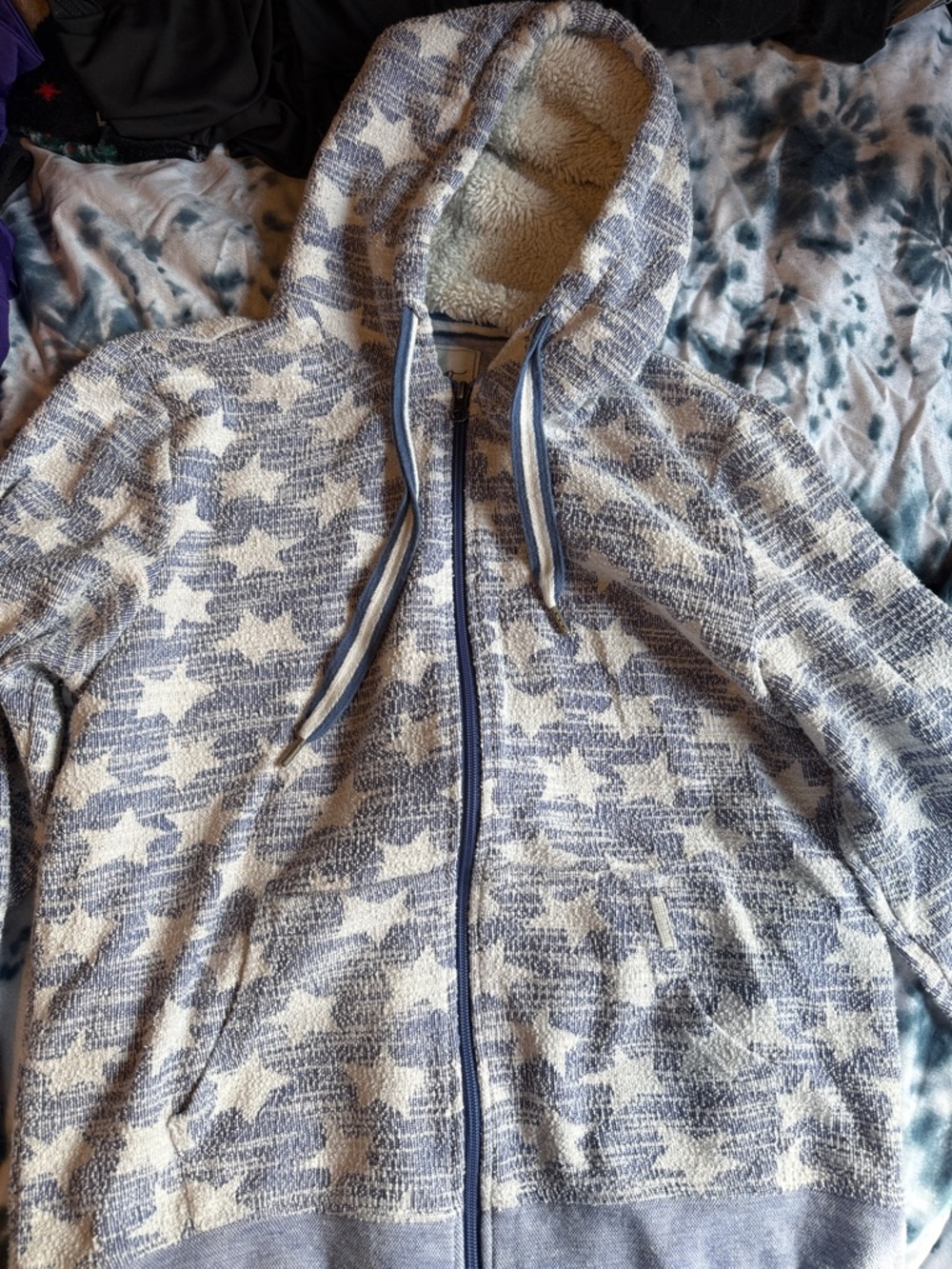 Star Pattern Sherpa-Lined Zip Hoodie - Blue & White